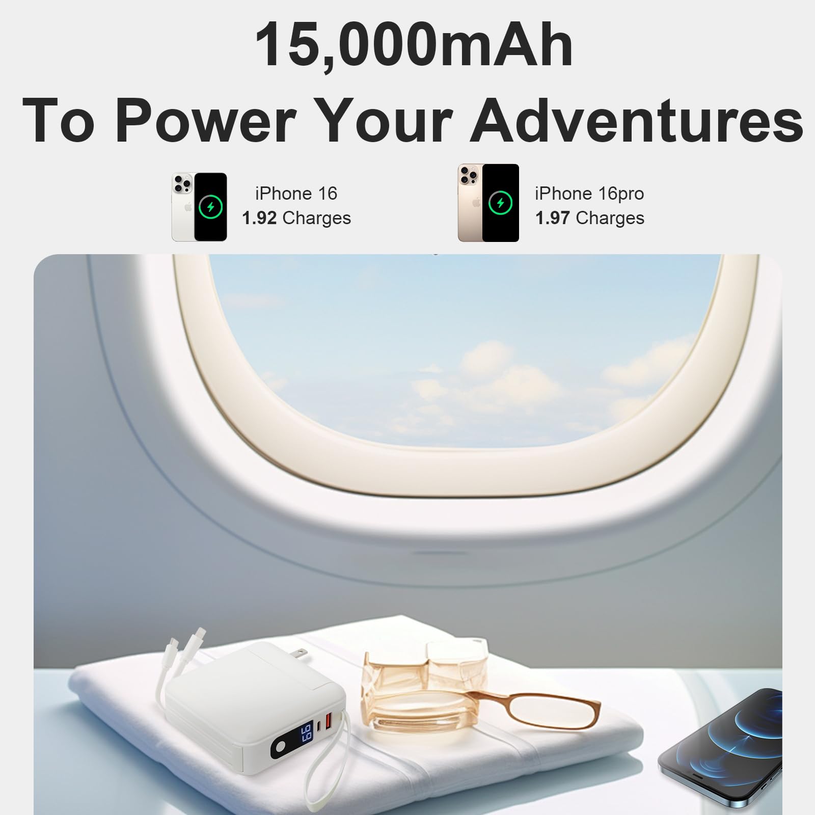 Caricabatterie portatile Power Bank per iPhone 16, 22,5 W, ricarica rapida, cavo integrato e spina a muro AC, 3 in 1 compatto 15000 mAh, batteria USB-C essenziale da viaggio per iPad, Android