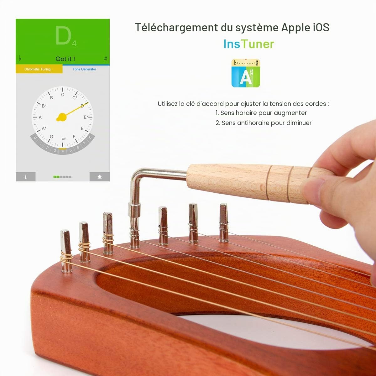 Aklot Lyre Harpe 7 cordes en acajou avec clé de réglage et sac de transport noir