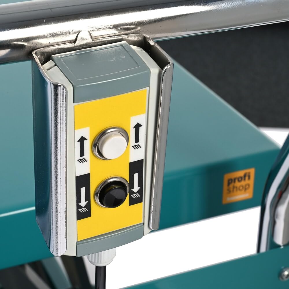 Ameise Scheren-Hubtischwagen LTT | 370-1.300 mm Hubbereich | 350 kg Tragkraft | 910x500 mm Plattform | Fahrbarer Hubtisch mit festem Bügel | Elektrischer Antrieb mit Batterie | Stahl | Türkisblau