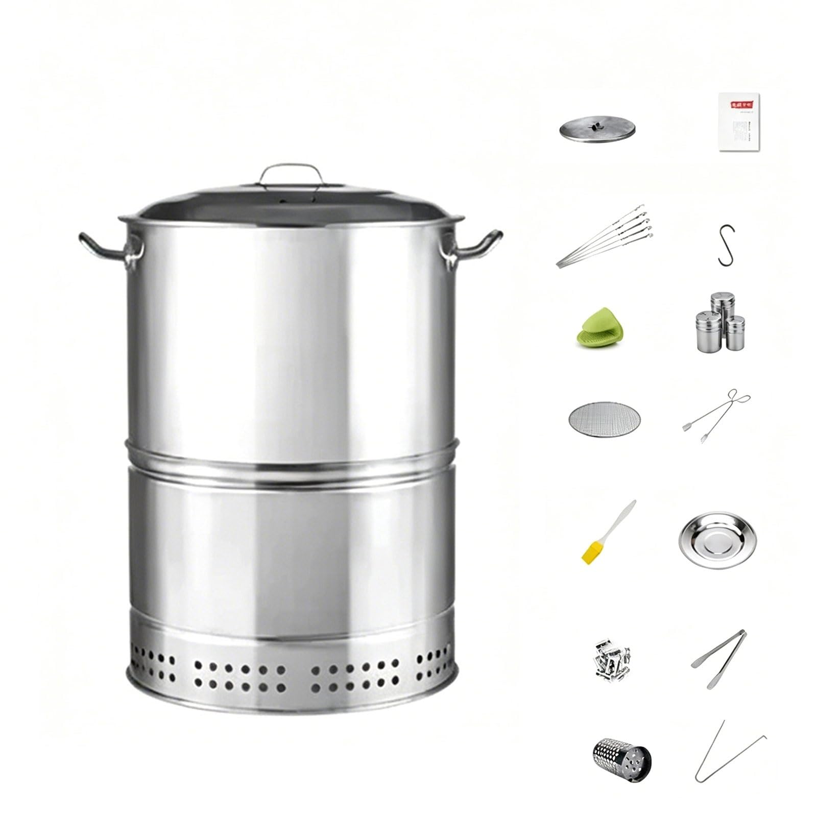 Wędzarnia Wielofunkcyjna Przenośny Grill ze Stali Nierdzewnej z Różnymi Akcesoriami Równomierne Nagrzewanie 360° Separacja Oleju i Węgla do Pieczenia Kaczki, Indyka, Jagnięciny, Wieprzowiny i Drobiu