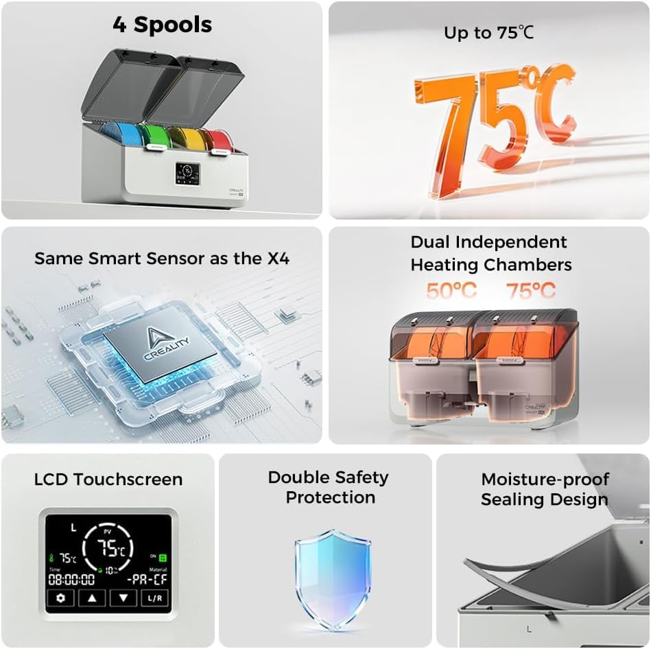 Image of Creality Filament Dryer Box for 4 Spools, Space Pi X4 Lite Dual Independent Heating Chambers with Fan, 75C Rapid Dryer for PLA PETG TPU ABS PET PC ASA PAHT, 3D Printer Filament Storage & Dehumidifier