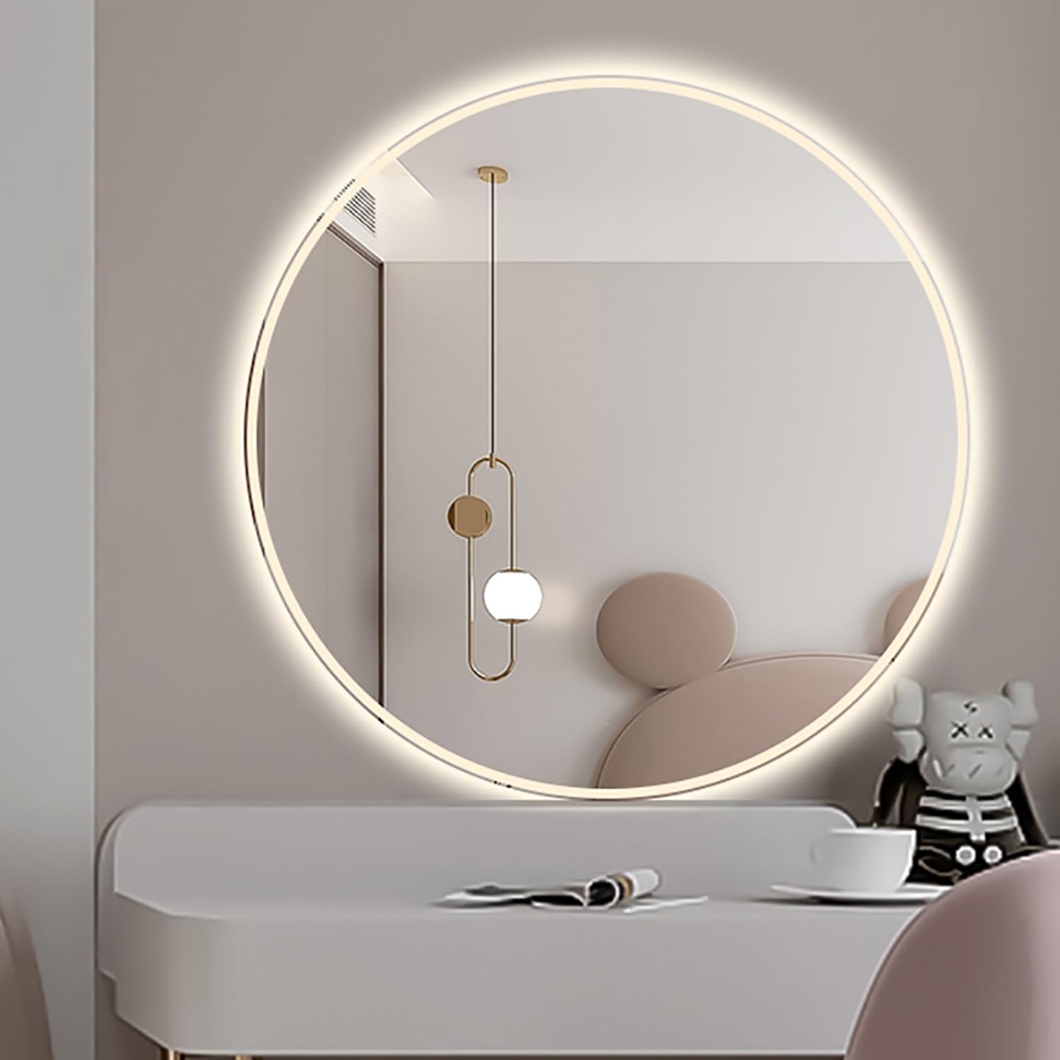 FGXHHS 28" Round Frameless LED Wall Mirror for Bathroom 40" Anti-Fog Lighted with Touch Button 3 Colors Light Brightness Adjustable Shatter-Proof(Frontlit,28in/70cm)