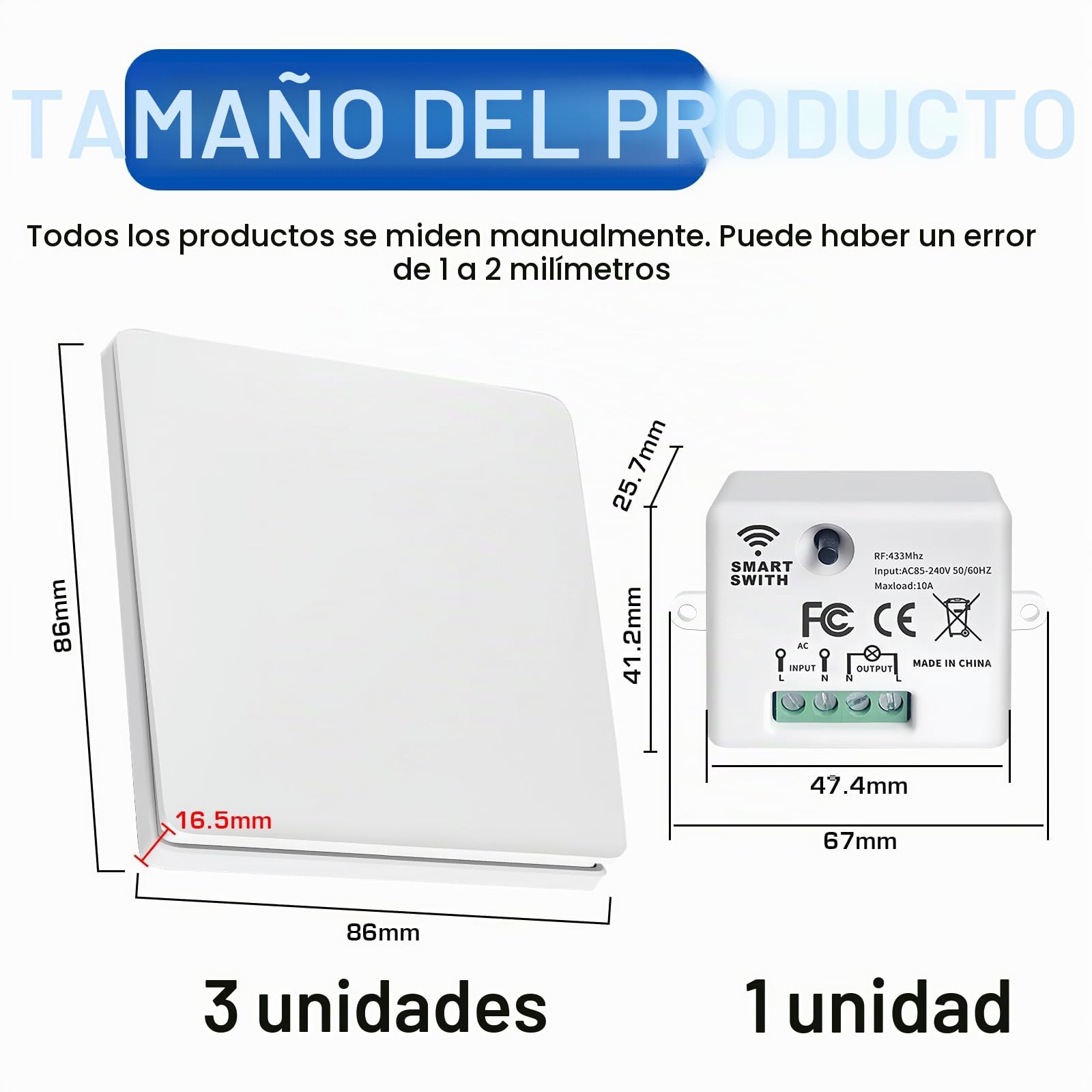 RF433 Kit Interruptor Inalambrico: Interruptor Radio Pared, Interruptor de Luz Inalámbrica con Receptor, Kit de 3 Vías, Sin Batería, Interior Alcance 50M para Electrodomésticos