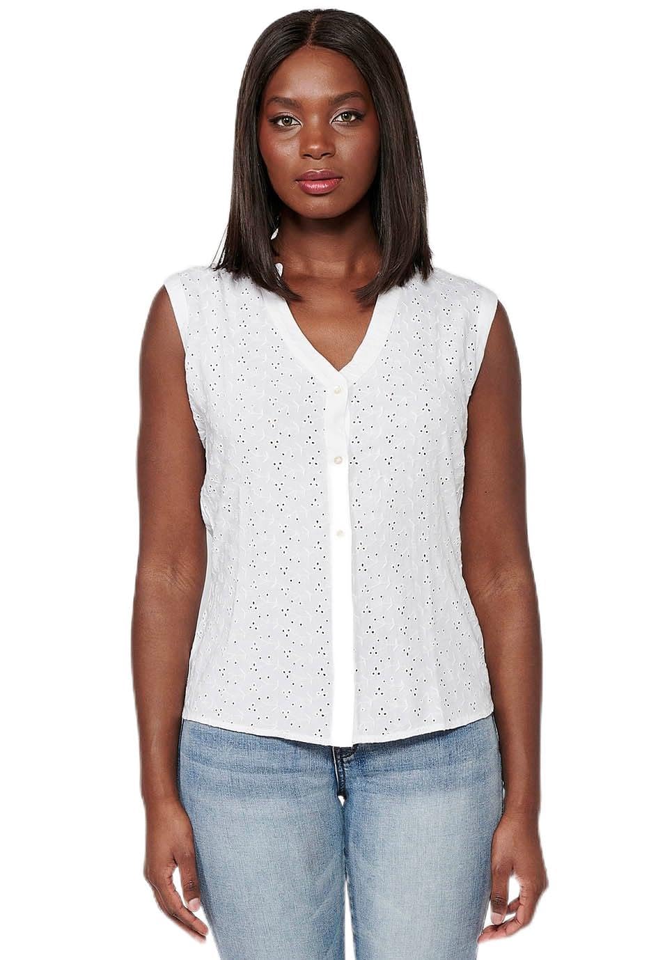 Koroshi Blusa sin Mangas de Algodón con Cierre Delantero con Botones de Color Blanco para Mujer, de Color Blanco