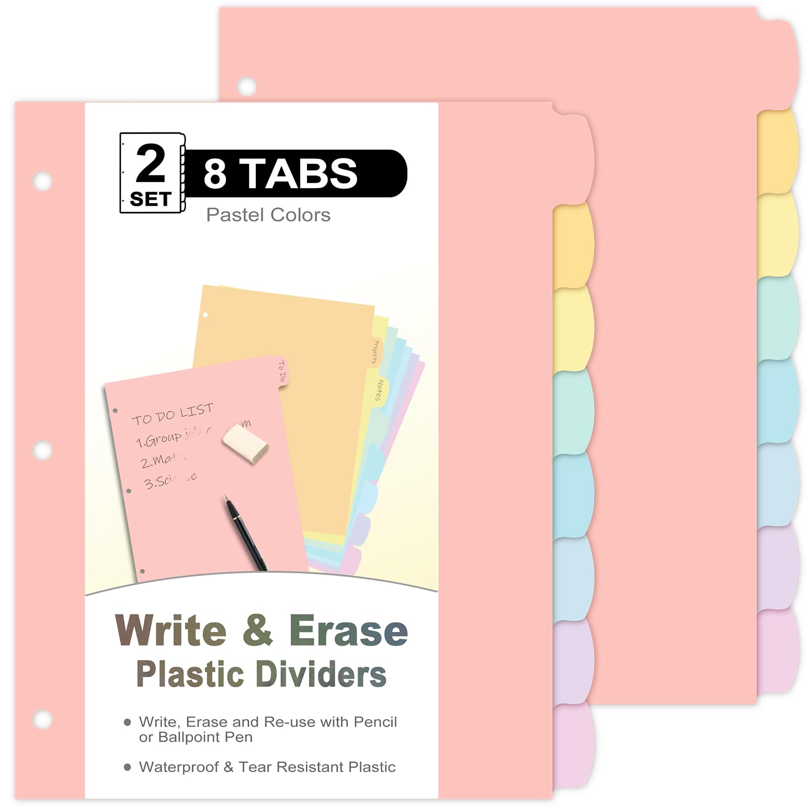16 Count/2 Sets Write & Erase Binder Dividers with Tabs, Plastic 8 Tab Dividers for 3 Ring Binder Letter Size, Separators for Student School Home