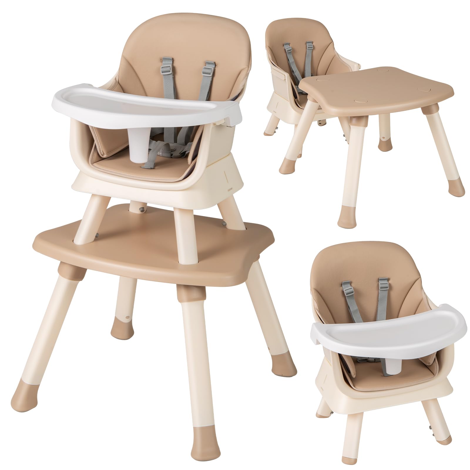 8 in 1 Baby High Chair for Babies and Toddlers, Convertible Highchair Infant Dining Booster Seat, Building Block Table, Kids Stool Table Chair Set with Removable Tray (Khaki+White)
