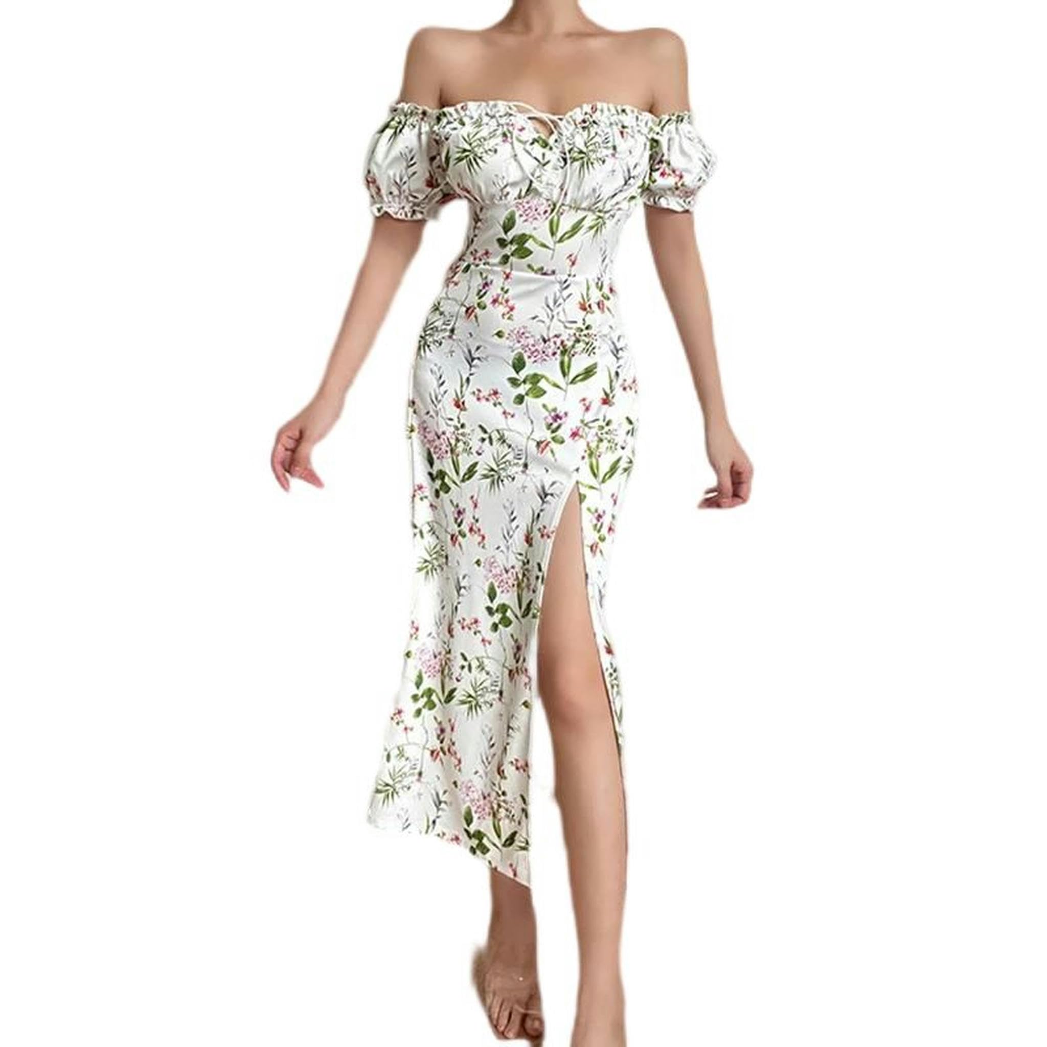 Vestito con Stampa Floreale per Donna, Elegante Abito Lungo con Spacco Alto, Vestito Estivo, Vestidos-Bianco-XS