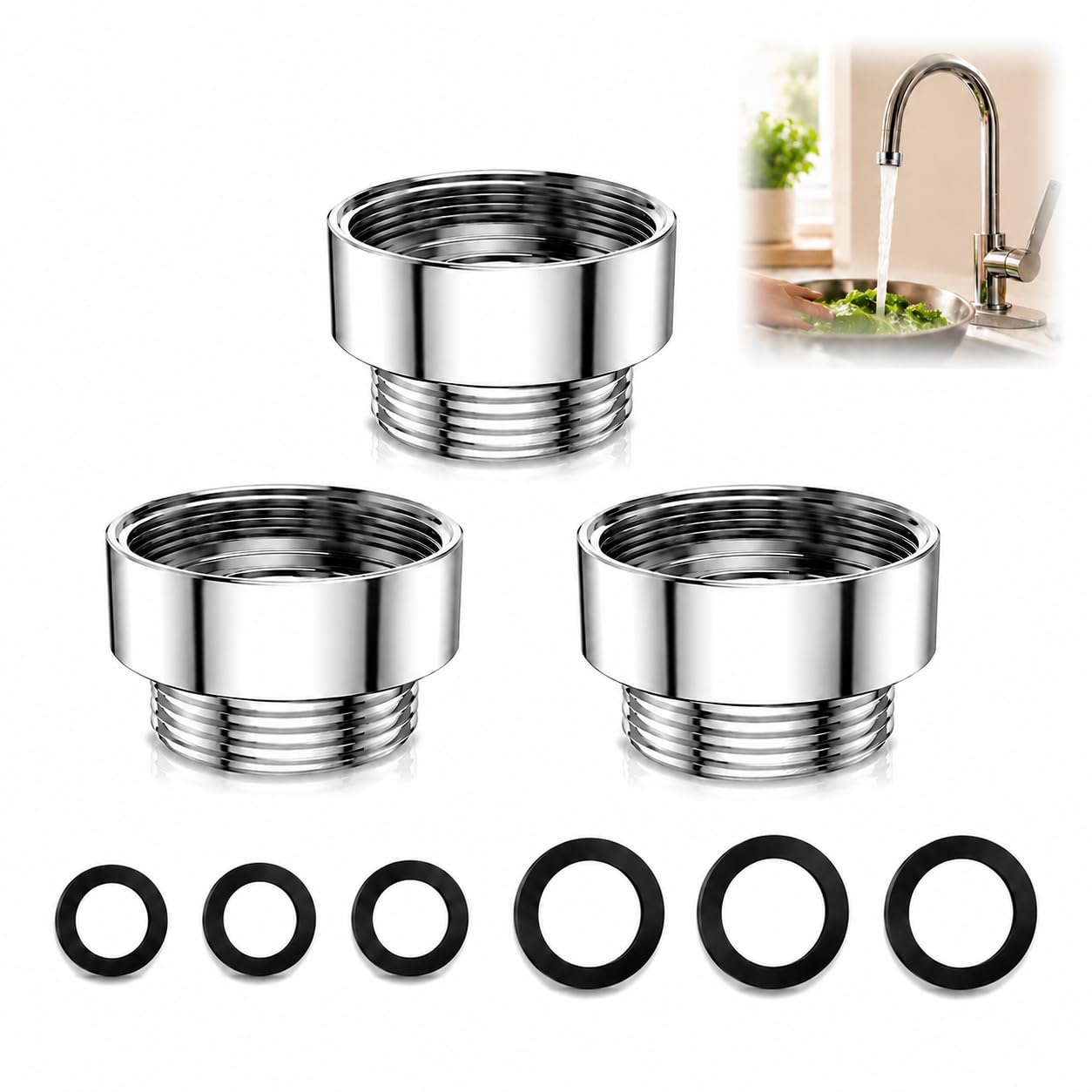 GUGUGO Faucet Adapter 3 Pack, Female M20 to Male M22 Brass Tap Aerator Converter, Chrome Thread Reducer for Kitchen Bathroom Garden Sink Mixer Tap, Hose Filter Dishwasher Plant Watering Daily Use