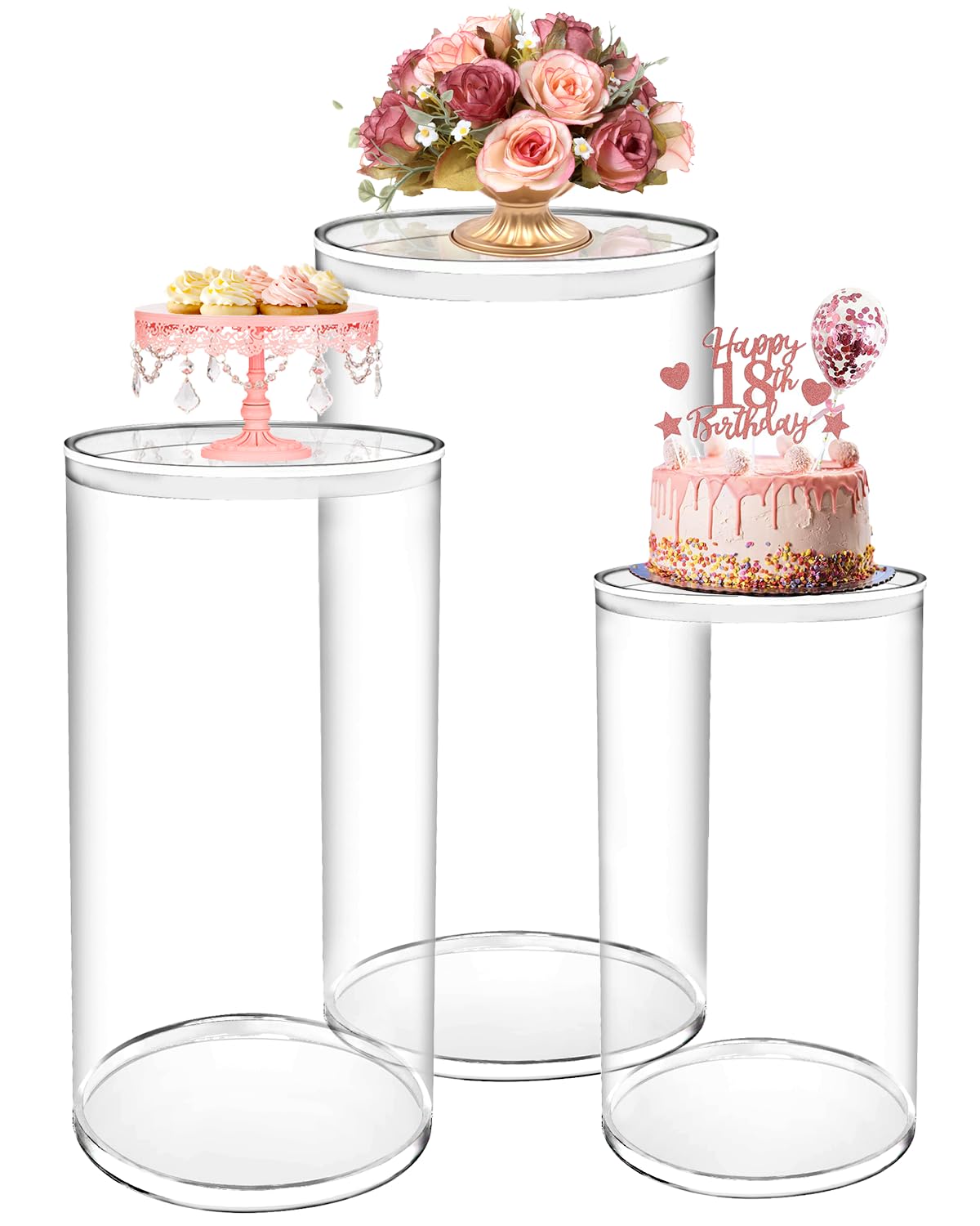 Cylinder Pedestal Stand Set Of 3, Clear Round Pedestal Decorative Stand Display Plinth Pillars Dessert Table For Wedding Baby Shower Party
