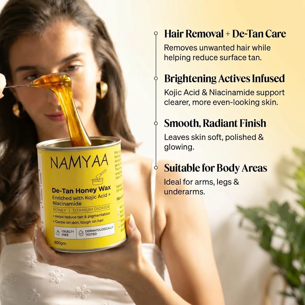 Namyaa De-Tan Honey Wax 600g with Knife & Strips | Brightening Tan Removal Wax for Legs, Arms, Underarms & Body | Honey Based 1