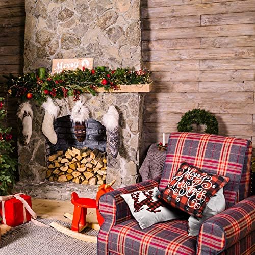 6 PCS Christmas Throw Pillow Cover Cushions Cover for Sofa 18 x 18 Inch christmas cushions Covers Buffalo Plaid Snowflake Merry Christmas Deer Christmas Tree Throw Pillow Case for Christmas Decoration
