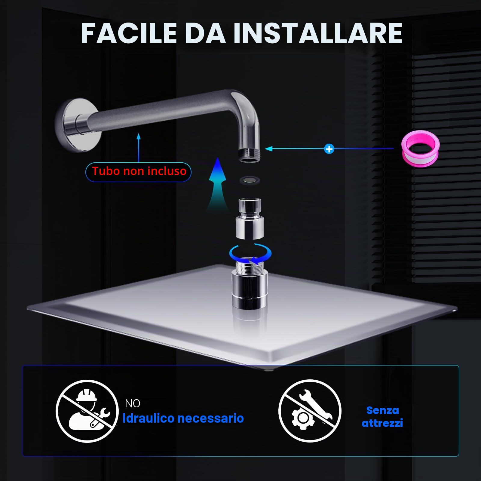 Soffione doccia a pioggia, soffione doccia a LED ad alta pressione da 25,4 cm, anti-intasamento, soffione fisso a pioggia con temperatura controllata che cambia colore, giunto a sfera in ottone