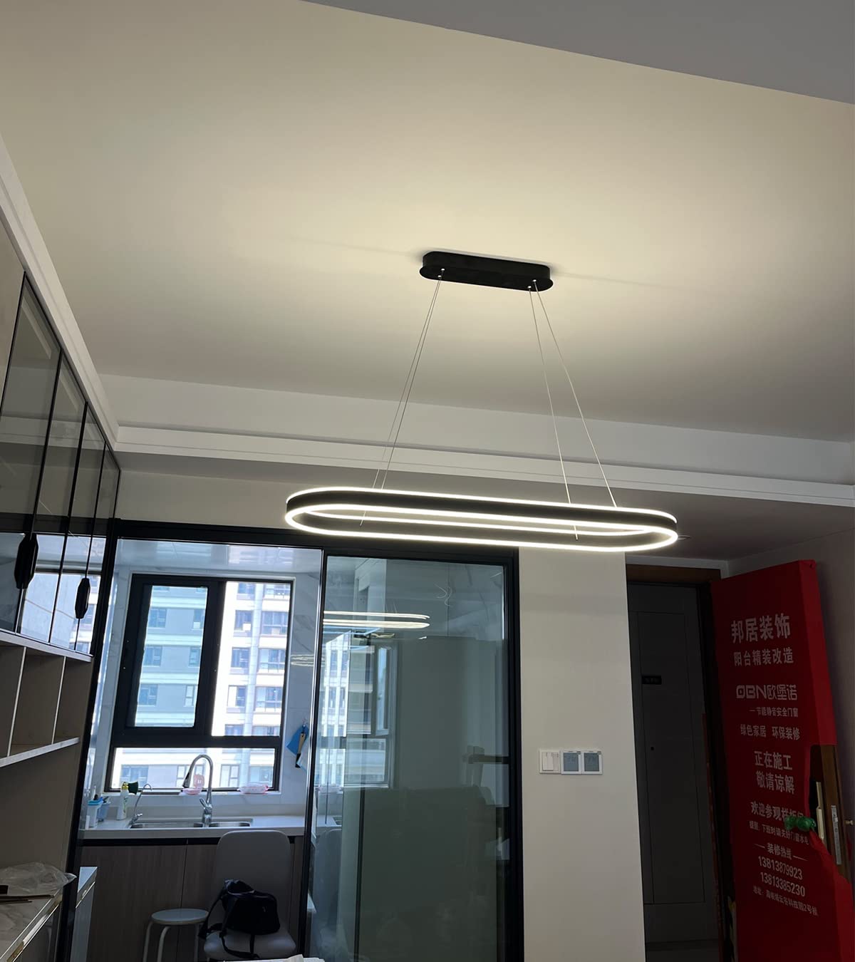 Ściemniane owalne LED żyrandol wiszące światło nowoczesne jadalnia stół biuro lampy z pilotem Pierścień wiszące lampy wysokość regulowana Glare wolne pokój studium kuchnia Oprawa (Czarny, L120cm)
