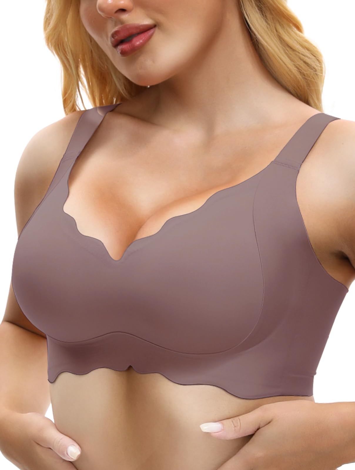 Scalloped Lift Bras for Women No Underwire Buttery Soft Push Up Wireless Bras V Neck Seamless Bralettes