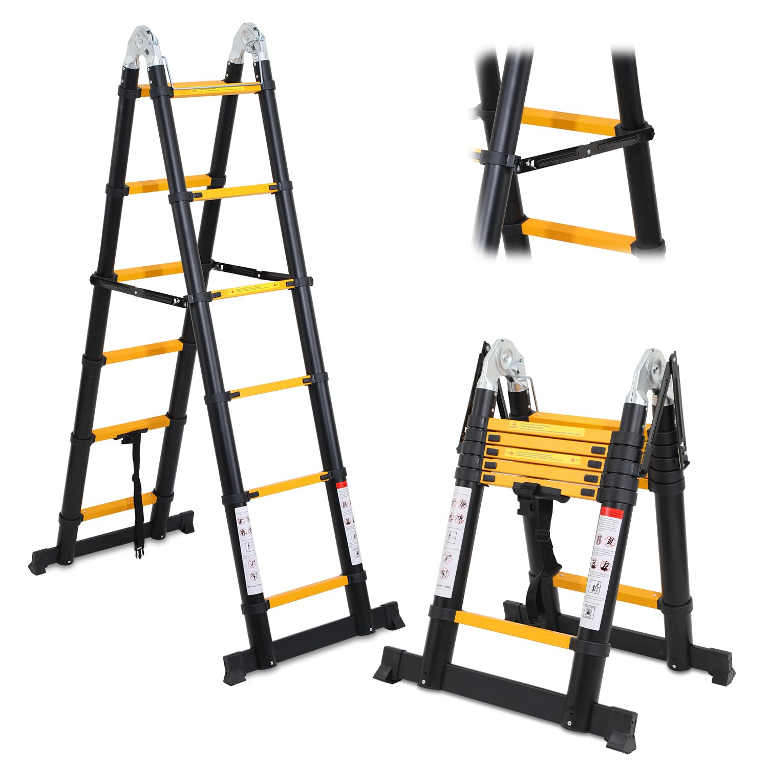 Herrselsam Escalera telescópica de 3,8 m con barra de equilibrio, de aluminio, antideslizante, diseño telescópico, escalera multifunción, capacidad de carga de 150 kg