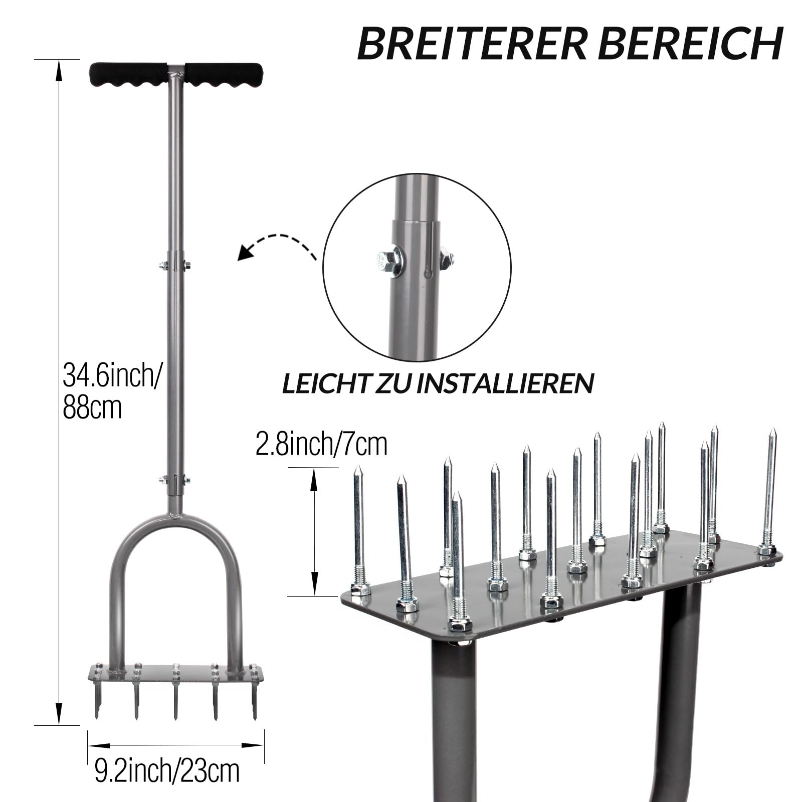 Walensee Rasenlüfter mit 15 Stahlspikes, Manueller Rasenbelüfter mit 3 Reihen und Langstiel, Heavy Duty Aerifizierer zur Bodenbelüftung, Gartenwerkzeug für Verdichteten Boden, Rasenpflege