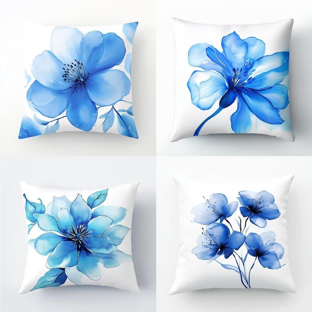 Housses de coussins en lin 50x50cm lot de 4 taie oreiller canapé bleu 5566