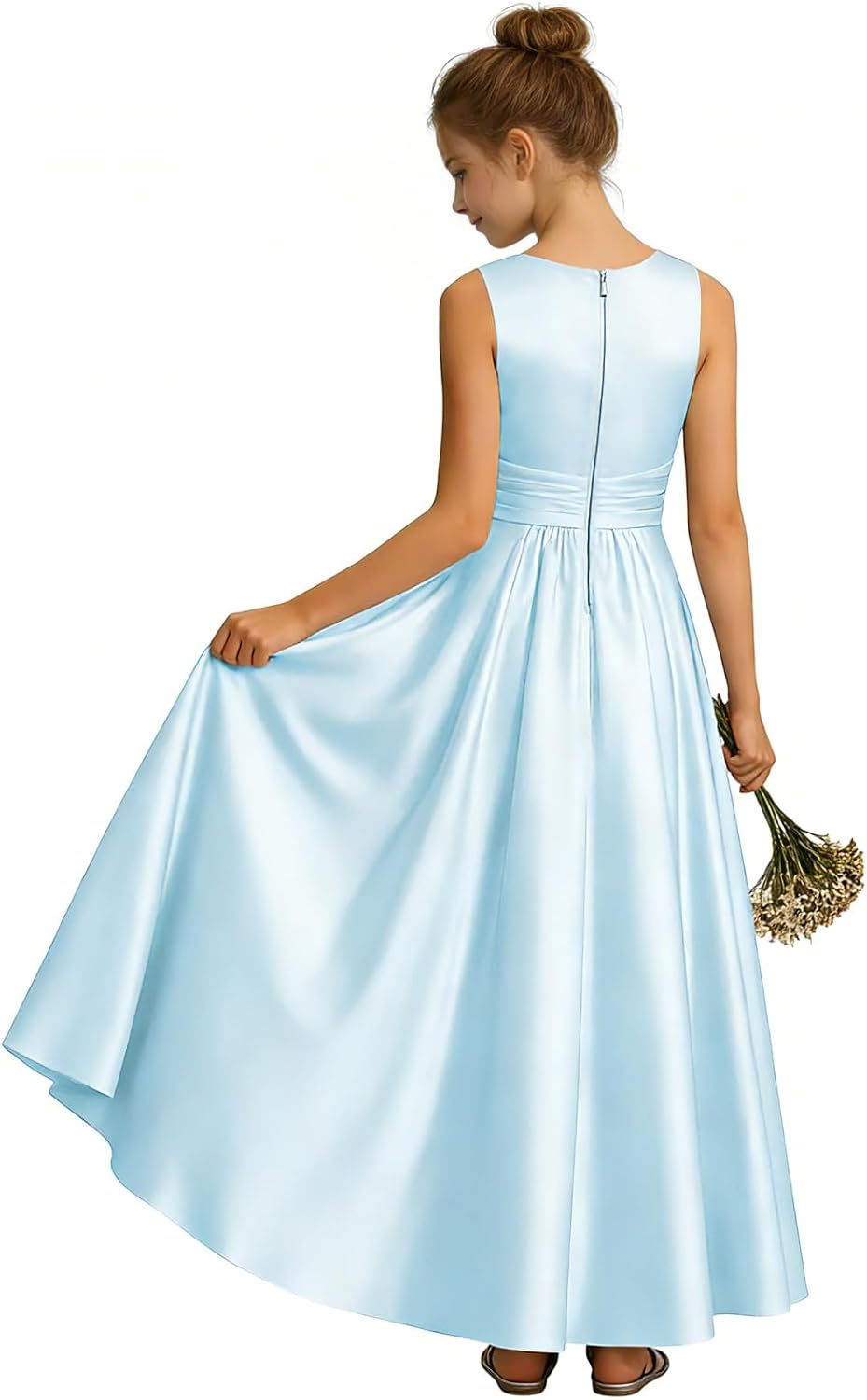 dideyttawl Pleated Satin A-Line L Junior Bridesmaid Dresses for Wedding Floor Length Sleeveless Flower Girls Dress 2785