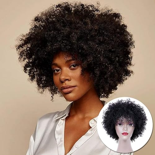 MIMAN Pelucas afro cortas para mujeres negras, peluca de cabello humano rizado negro natural, pelucas de repuesto de cabello rizado de los años 60 y