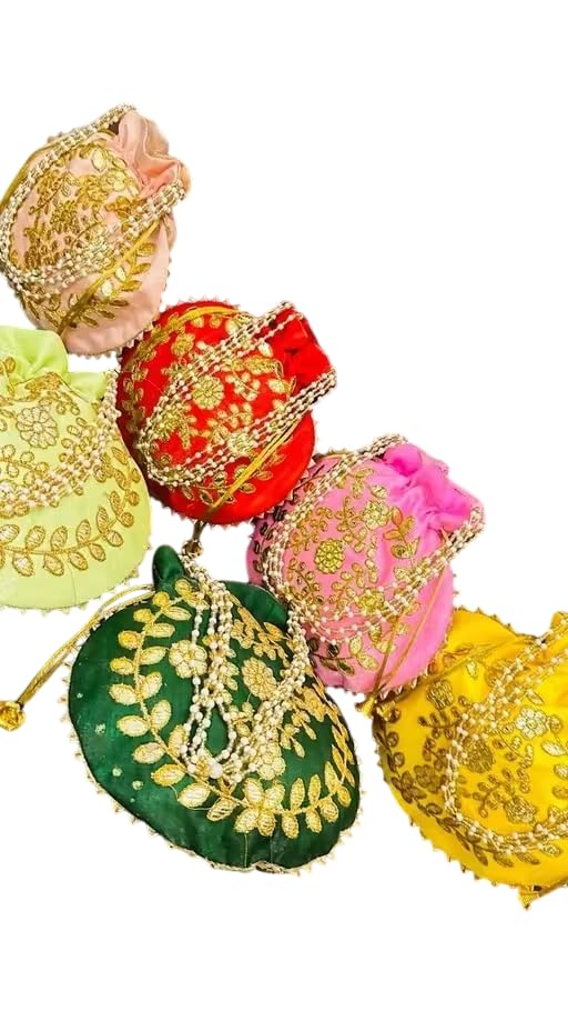 Embroidered Potli Bags for Return Gifts (Pack of 12) | Multicolor Fabric with Gota Work | Ethnic Drawstring Pouches for Wedding, Mehendi, Haldi & Festive Use-image-39