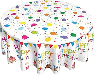 Giwawa Happy Birthday Decorations, Colorful Cake and Balloons Birthday Round Tablecloth Waterproof Resistant Durable Table Cover for Birthday Party Supplies- 60 Inch