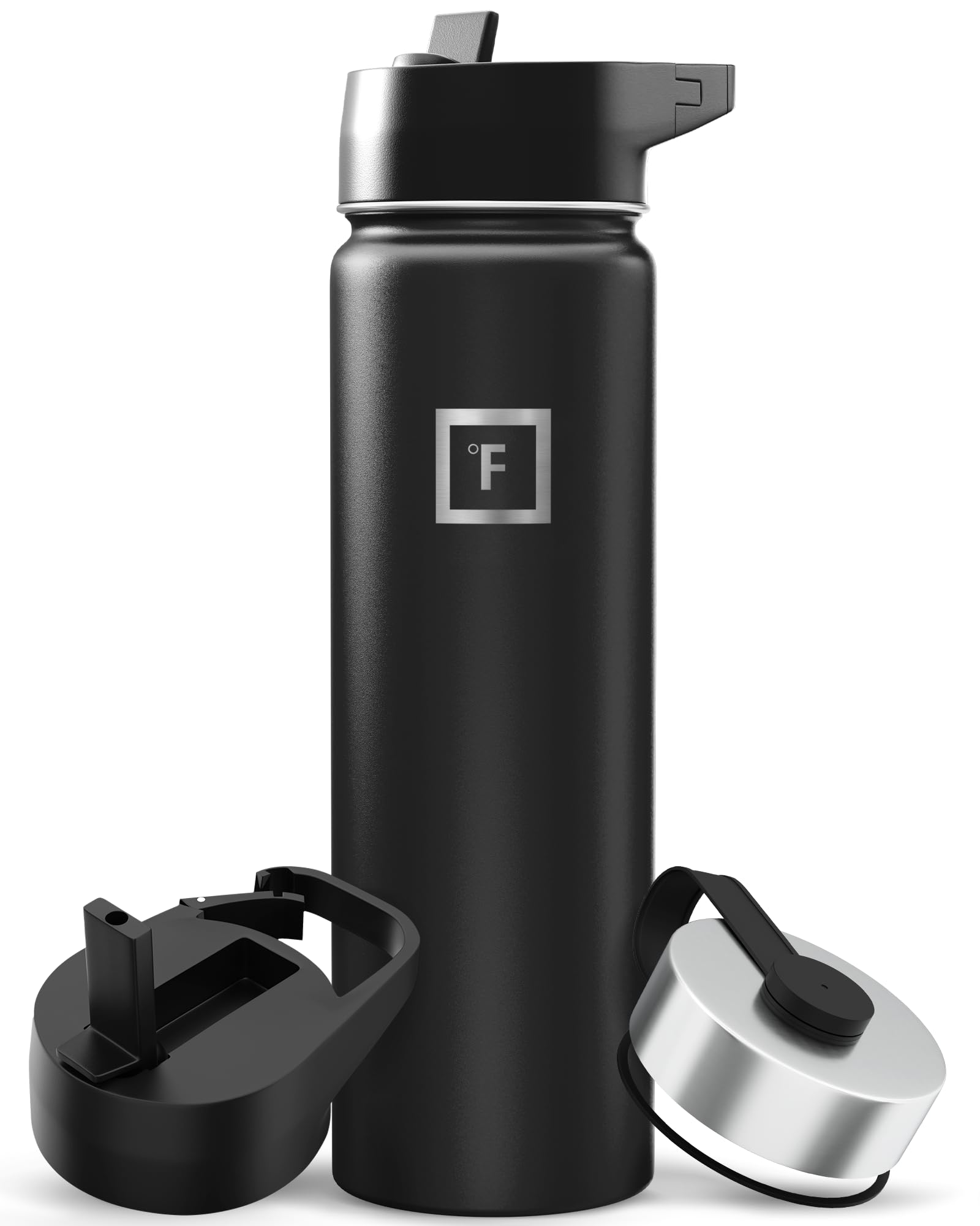 Camping & Hiking Hydration Flask with 3 Lids - Stainless Steel, Double Walled & Vacuum Insulated Water Bottle - Leak Proof & BPA Free (Midnight Black, Straw - 22 oz)