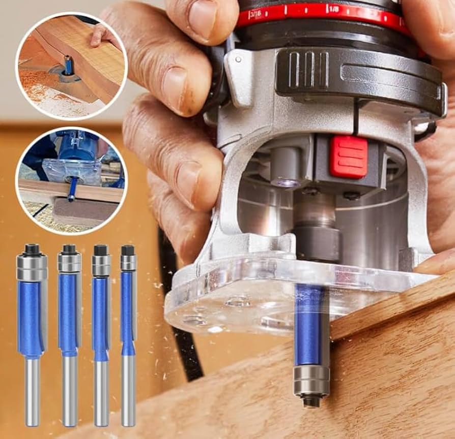 Biaxial Trimming Tool, 4pcs Shank Flush Trim Router Bit Set