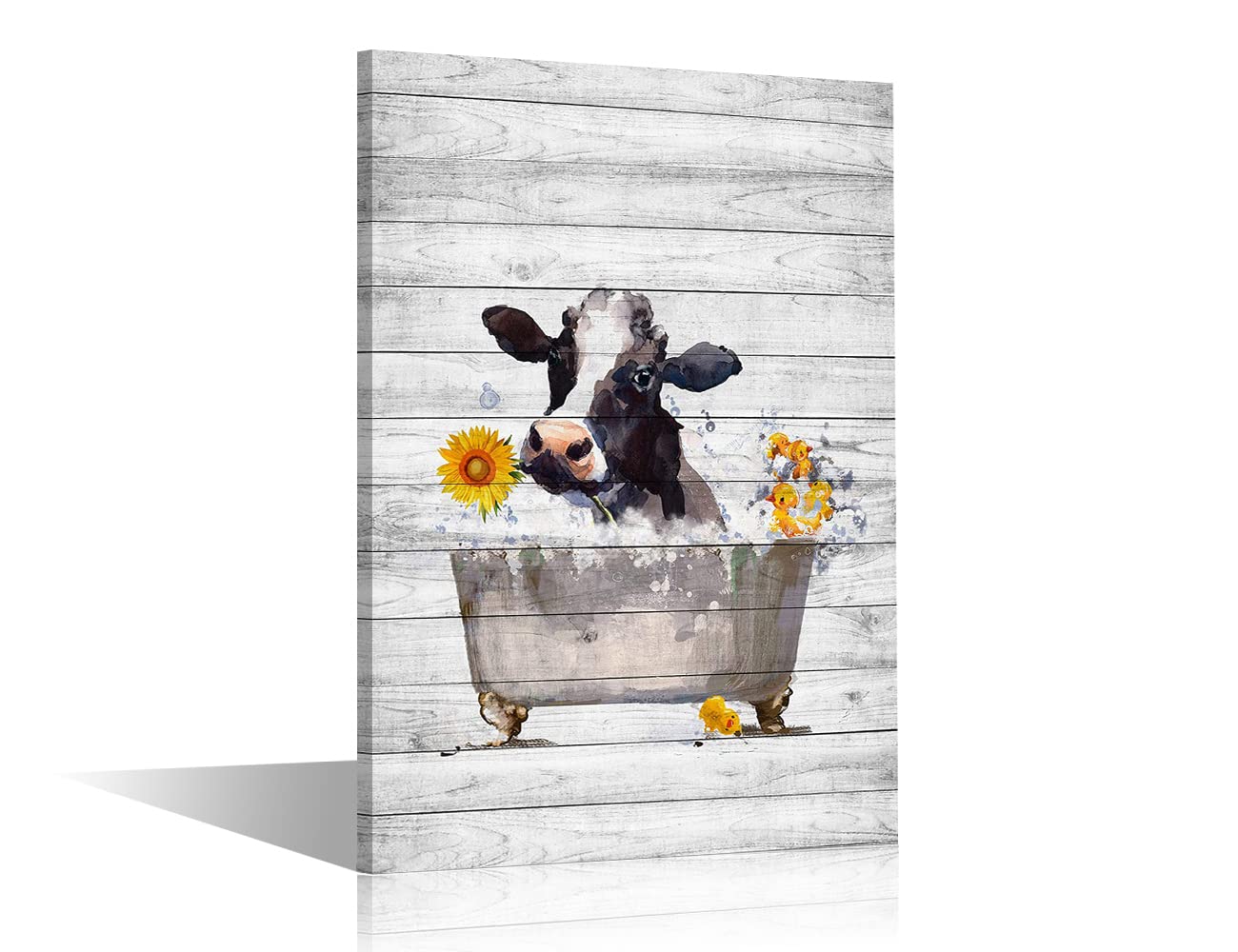 Farm Animal Wall Art Funny Cow Take Shower in Bathtub on Wood Board Canvas Abstract Painting Modern Artwork Framed Ready to Hang for Bathroom Home Living Room Decor 8x12inch (20x30cm)