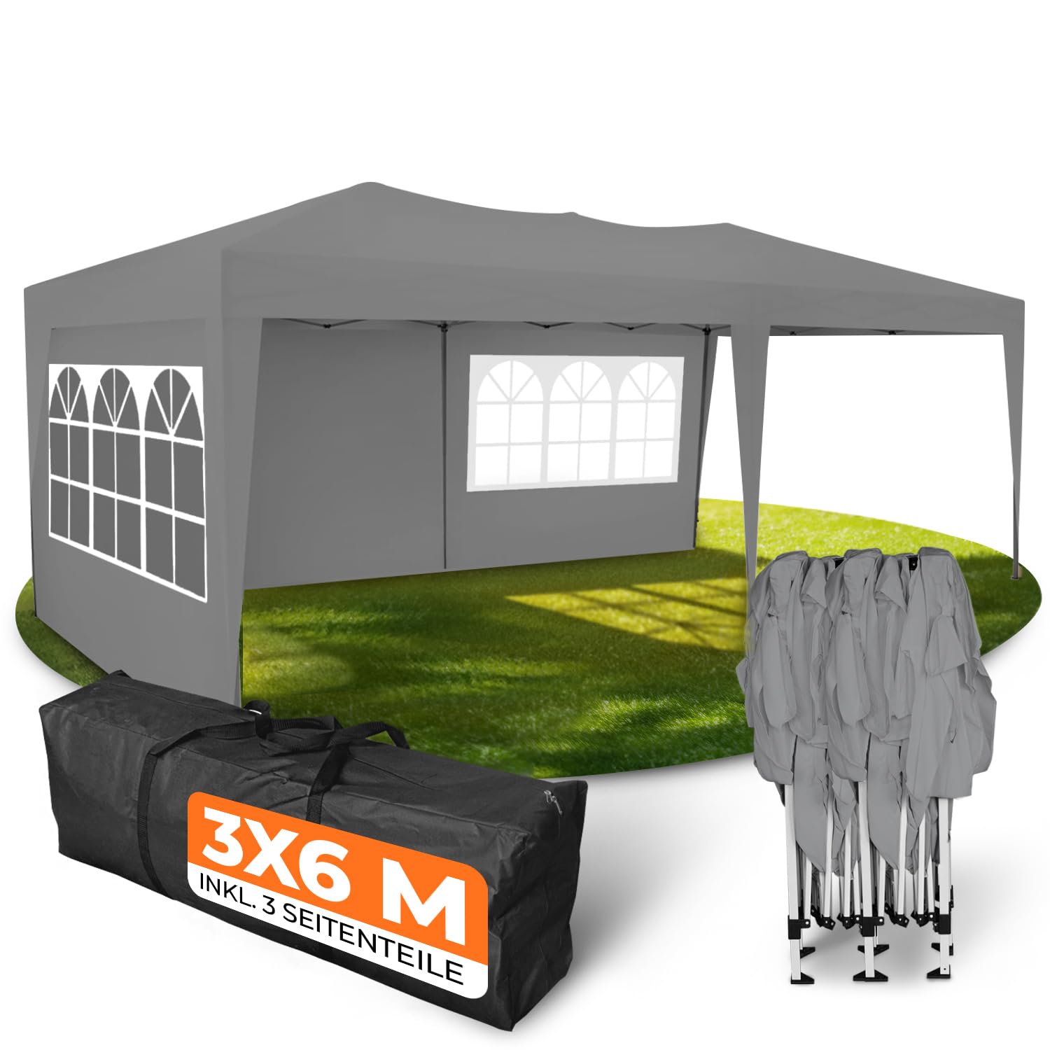 Kronenburg Faltpavillon wasserdicht Pavillon mit 3 Seitenteilen, Gartenzelt, 3x6 m - mit UV Schutz 50+, Grau