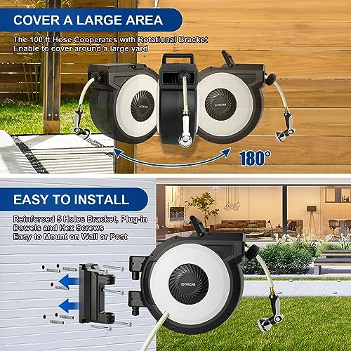 Retractable Garden Hose Reel by BSTOKCAM, 1/2" x100 ft Heavy Duty Water Hose Reels Automatic Rewind Storage, Self Wind Hose and Reel Holder Outdoor Organizer, Nozzle Included