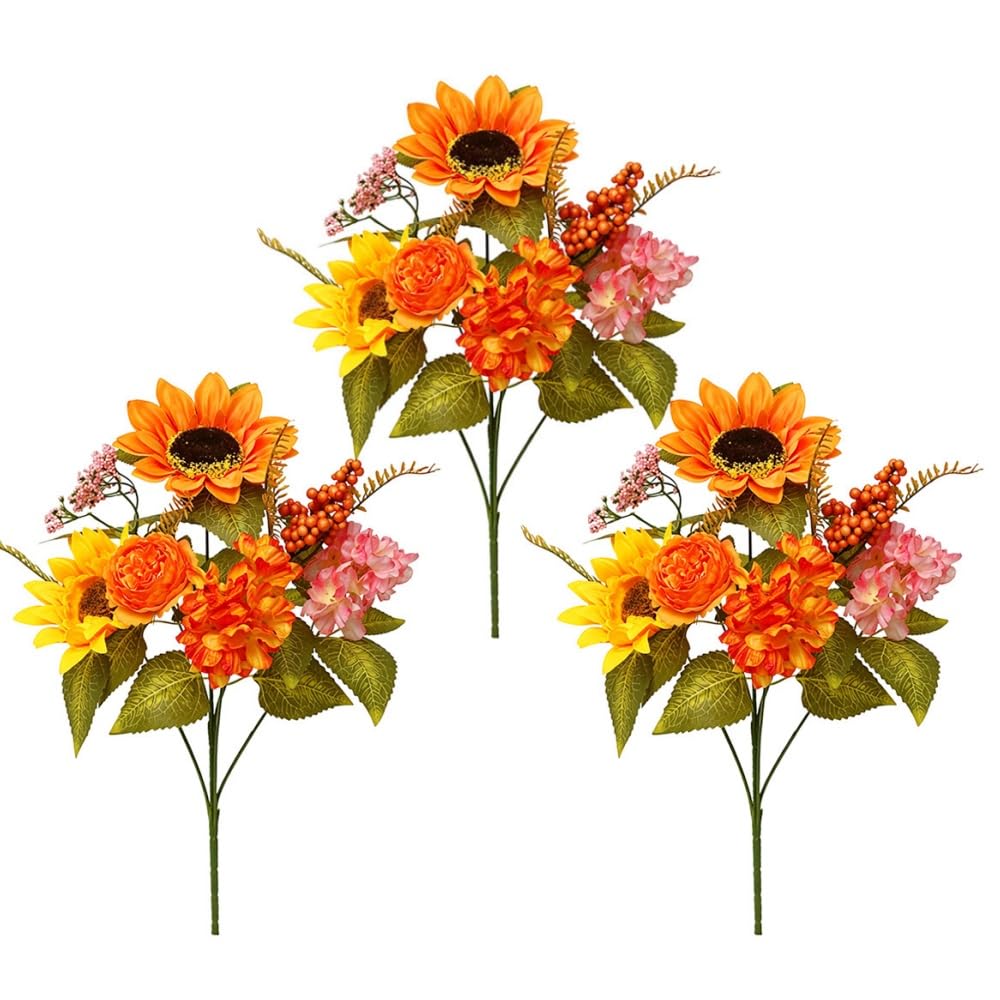 Artificial Fall Stems 3 Pcs Autumn Berry Picks with Sunflower Hydrangea Berries Leaves Twig Branches Sprays for Harvest Arrangement Centerpiece Thanksgiving Celebration Home Vase Decor (Orange)