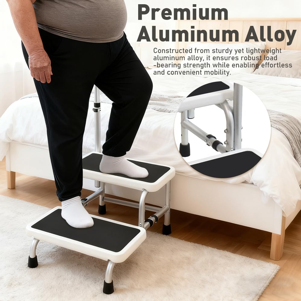 2-stufiger Hocker mit 5-fach höhenverstellbarem Handlauf für ältere Erwachsene – Aluminiumrahmen Tritthocker mit weichen Schaumstoffgriffen, rutschfeste Doppelstufen – Bett, Badewanne, Küche