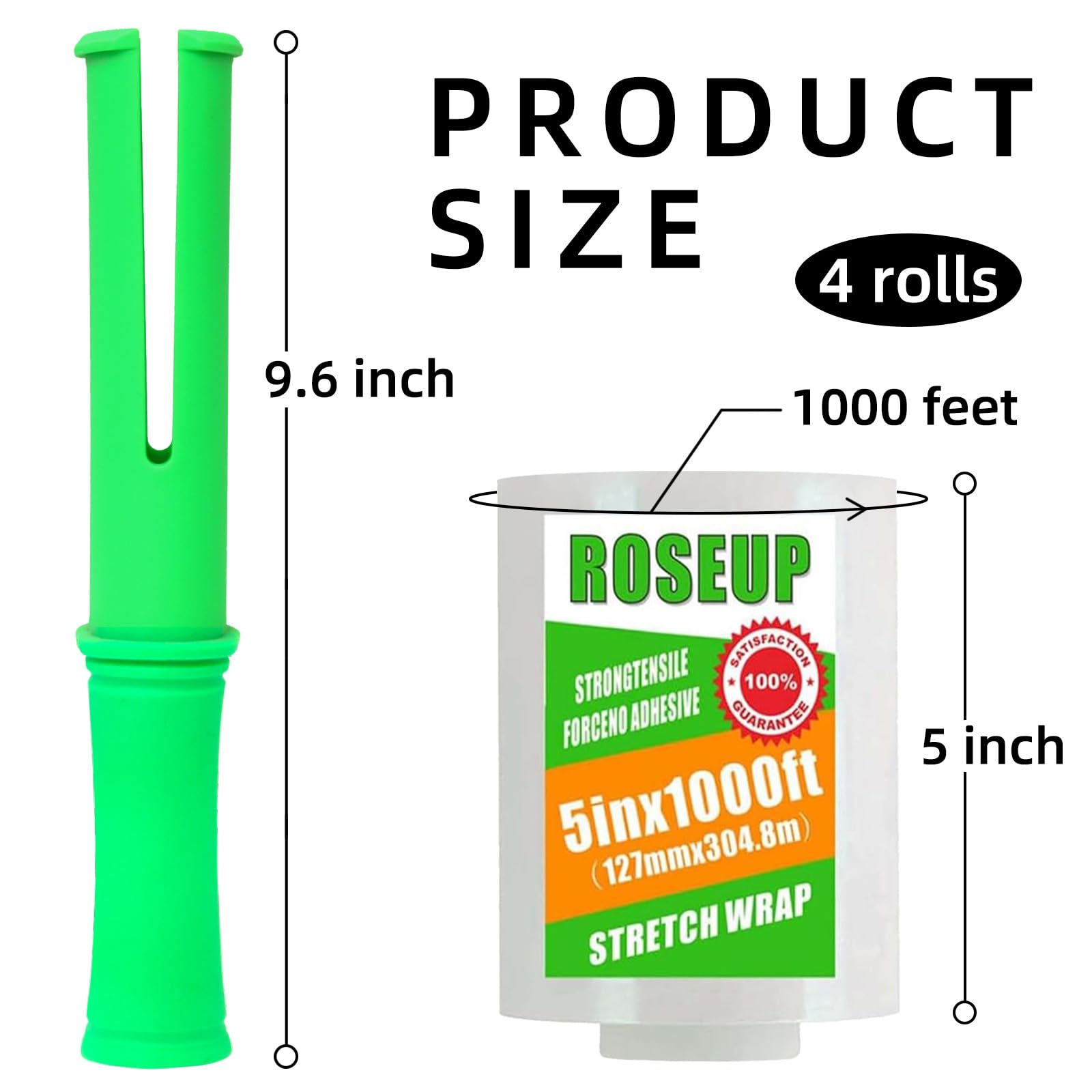 ROSEUP Rollo de película elástica transparente de 5 pulgadas x 1000 pies con asa, envoltura de plástico grueso de calibre 80 para mudanza, envoltura de palés, embalaje autoadhesivo, película retráctil