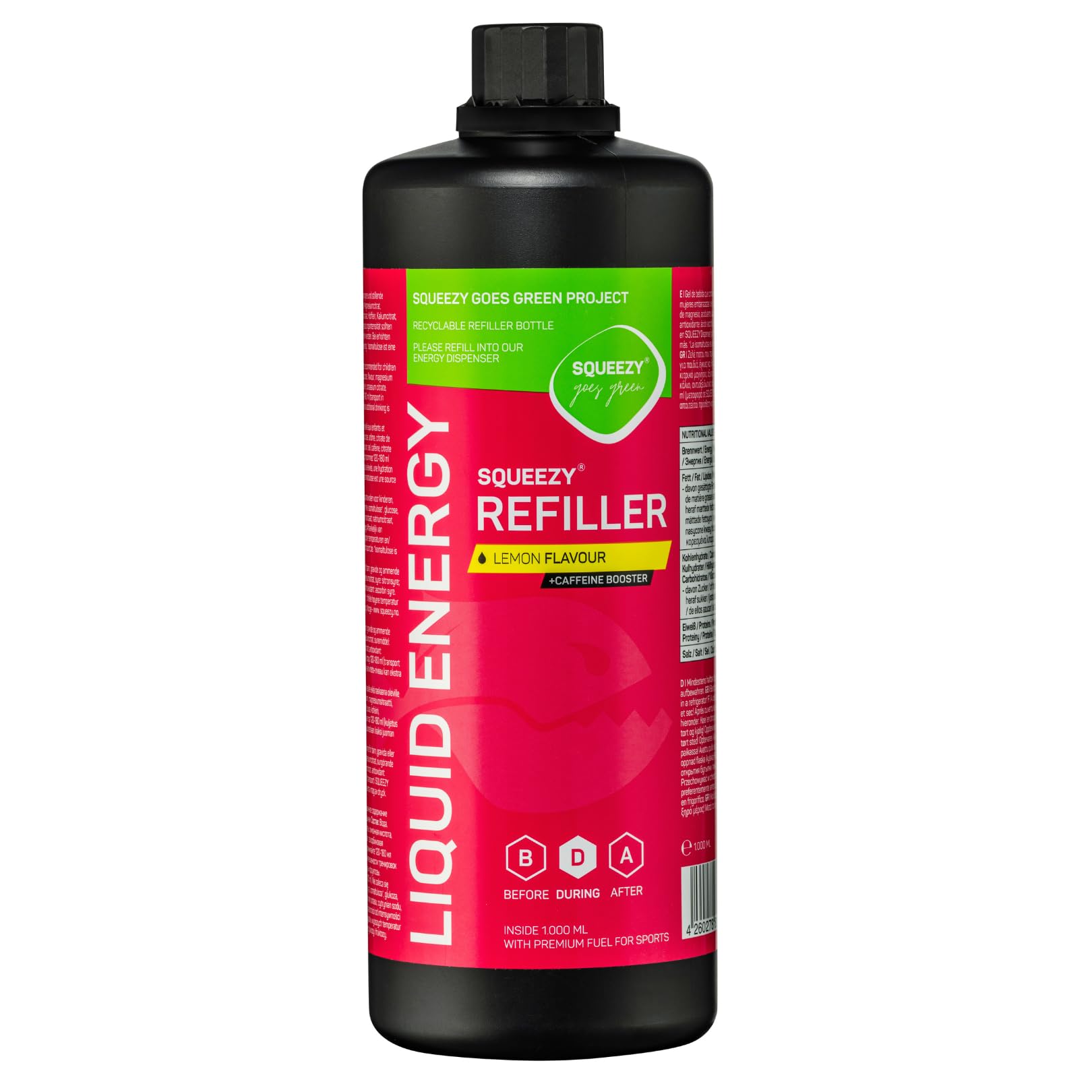 Squeezy Liquid Energy Refiller (Zitrone+Koffein) 1000 ml - Sport Energy Gel mit erhöhtem Wasseranteil für schnelle & dauerhafte Energie bei maximaler Verträglichkeit - ohne Nachtrinken