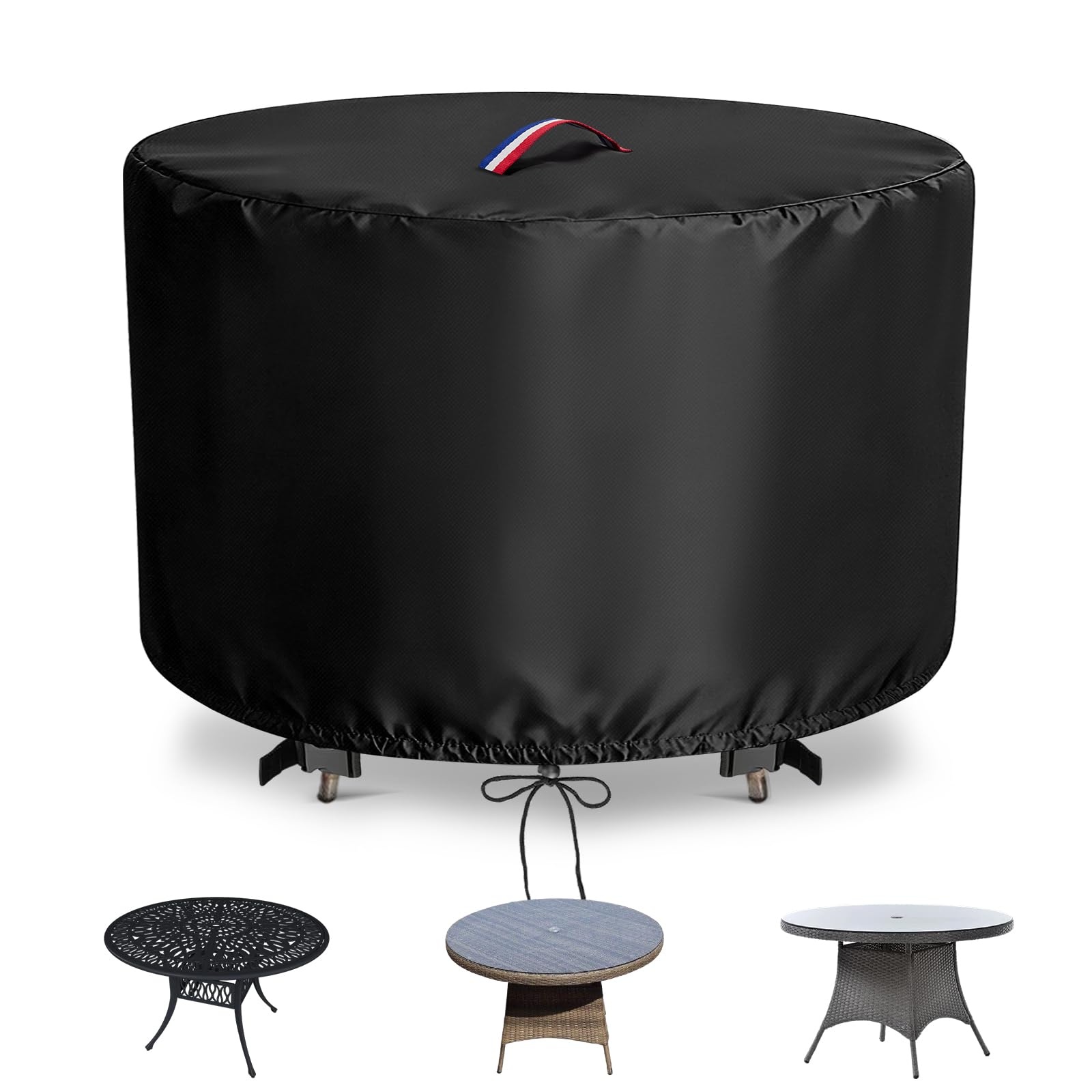 Flymer Garden Table Cover Round, 122 x 71 cm 500D Heavy Duty Rattan Bistro Set Cover with Handle, Outdoor Furniture Set Covers Waterproof for Bar Tables, Coffee Tables, Black