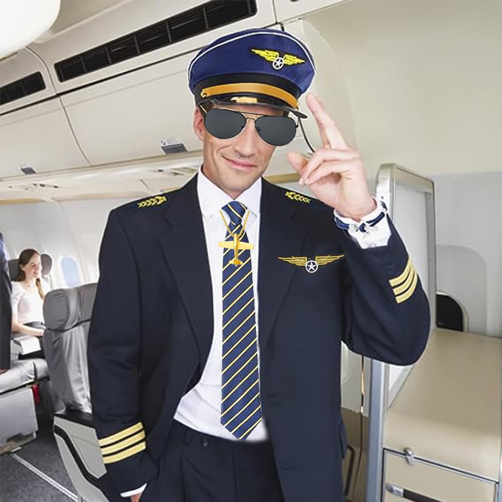 PIUMOJ Pilot Captain Costume Kit for Dress Up - Airline Pilot Accessories Set including Hat, Tie, Badge, Sunglasses, Necklace - Image 4