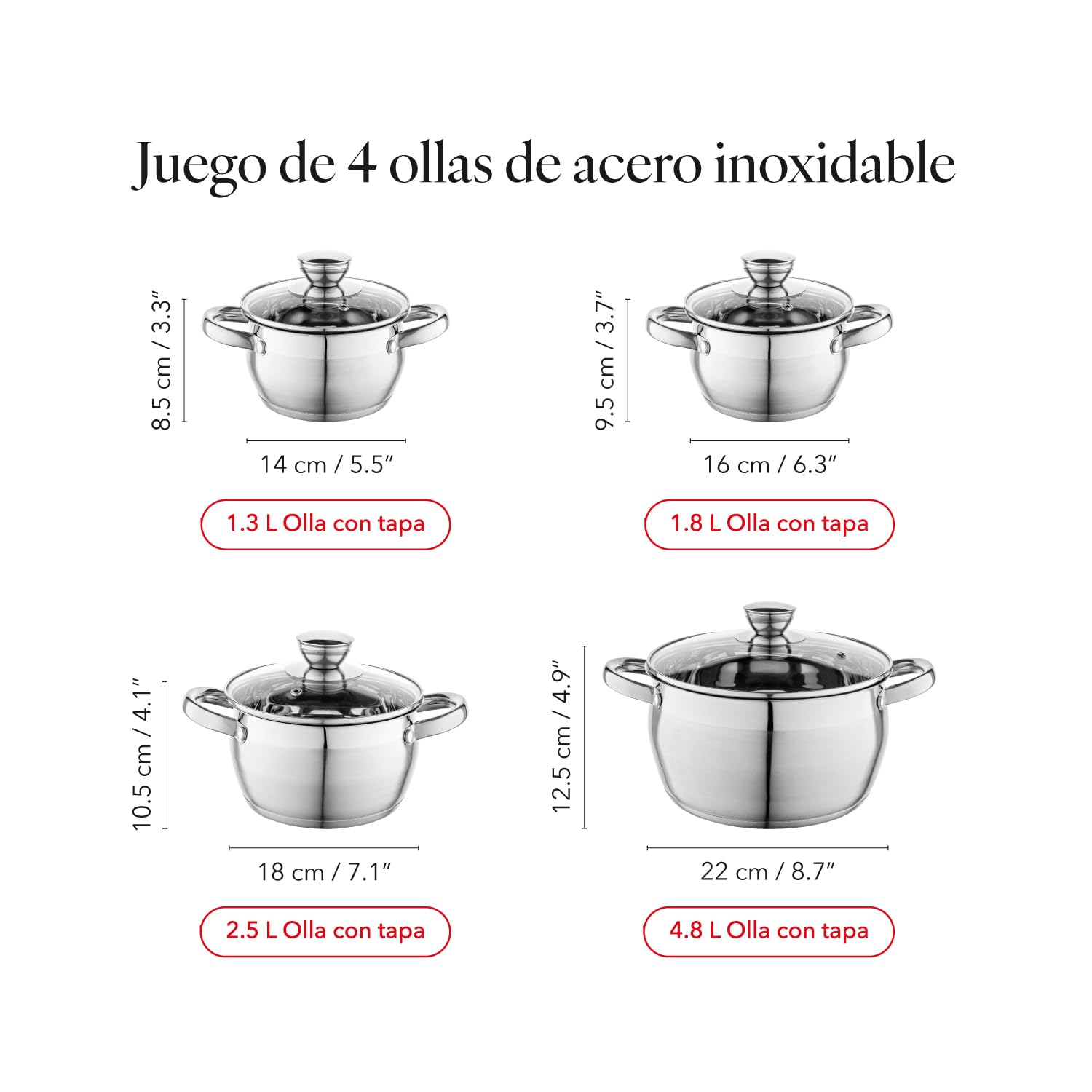 FLORINA Juego de Ollas OLIVER | Set 4 piezas | Acero inoxidable 18/0 | Tapas de vidrio templado | Compatible con inducción, gas, eléctrico y cerámica | Lavavajillas | Juego completo y duradero