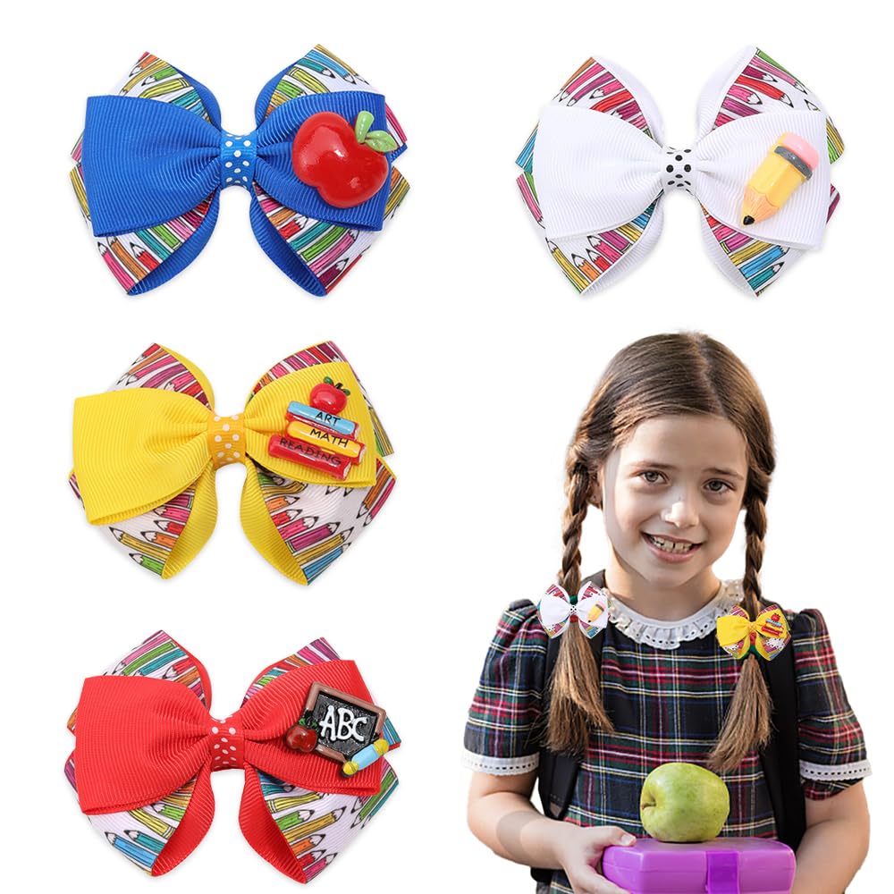 4pcs Back to School Hair Bows Clips for Girls - Yellow Apple Pen Blackboard Barrette, Colorful Hair Bow Accessories for First Day of School &