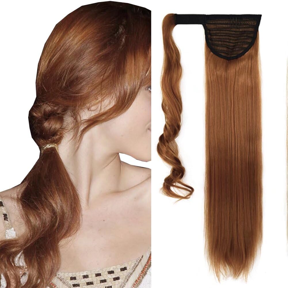 LaLuLoLi Wrap Around Ponytail 100g One Piece Magic Paste Hairpiece 24" Synthetic Straight Pony Tail Hair Pieces Chestnut Auburn ColorHair Extensions for Women #30J