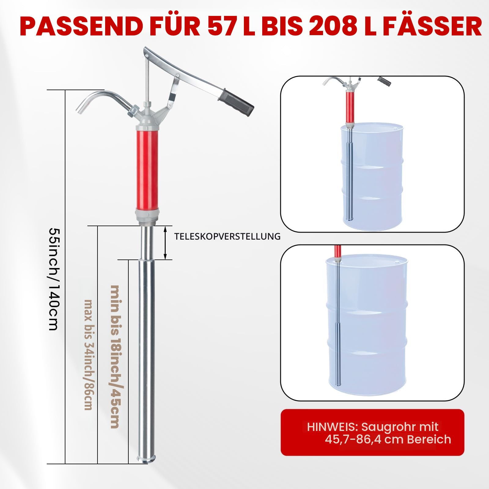 Fasspumpe mit Hebelwirkung，Ölfasspumpe Kurbelpumpe Handpumpe Hebelpumpe für 15 bis 55 Gallonen Fässer