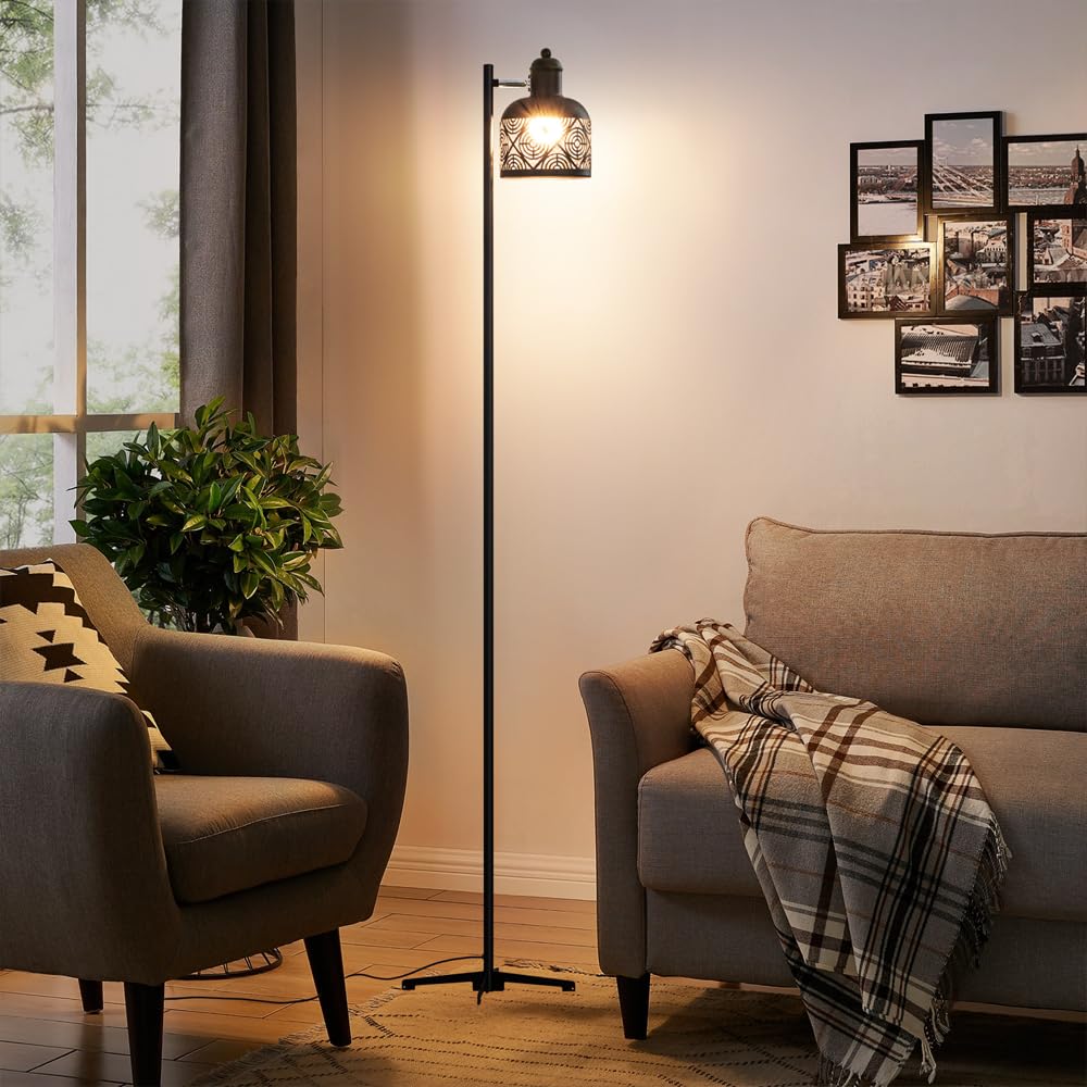 Lámpara de Pie de Hierro Negro de 58,7", 3 temperaturas de Color, ángulo Ajustable, lámpara de Poste Alto, Luces de esquina para Sala de estar Interior con interruptor táctil, casquillo E27