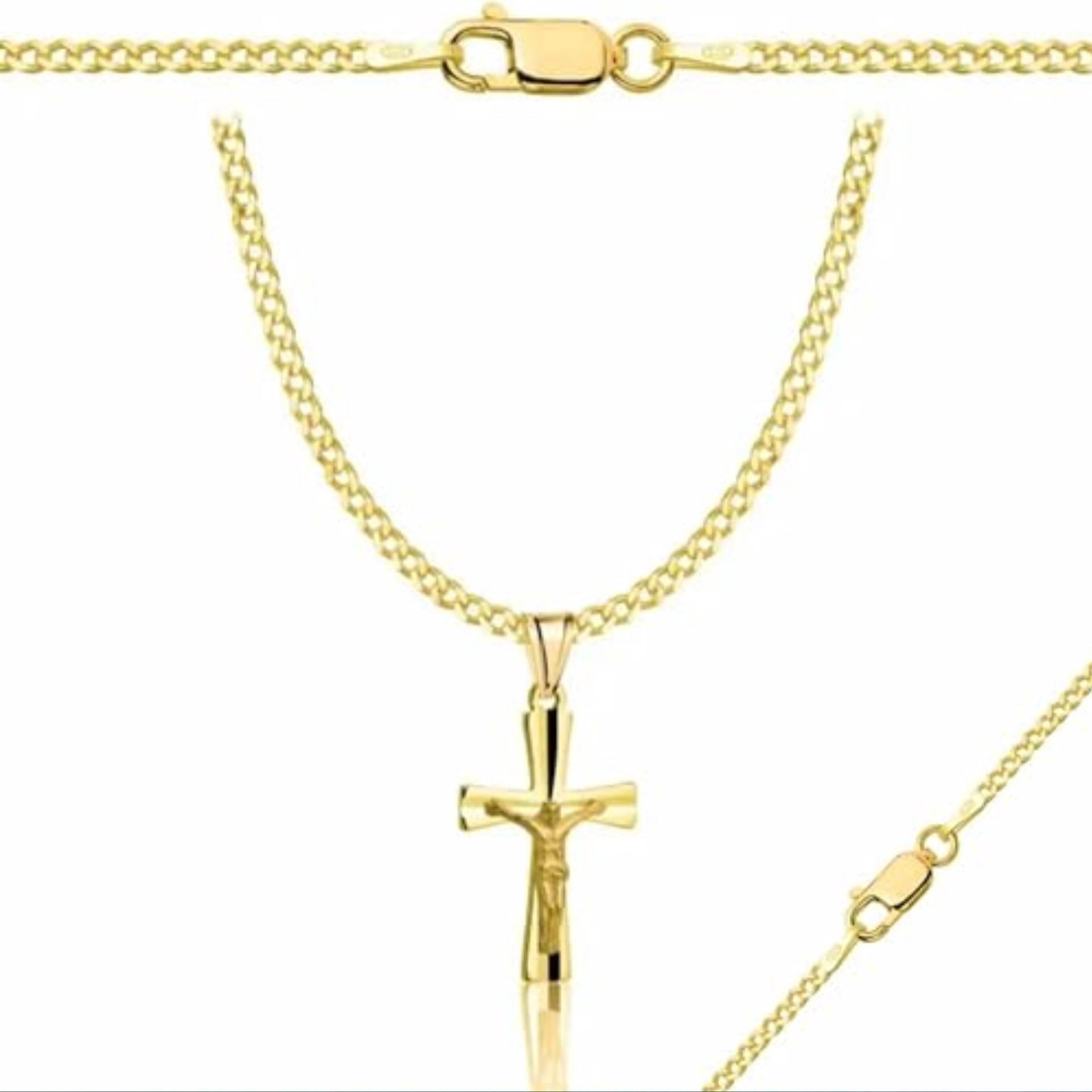 Zelya Collana in argento placcato oro con ciondolo a forma di croce 925 585 – 2 mm, da uomo e da donna, con incisione e confezione regalo