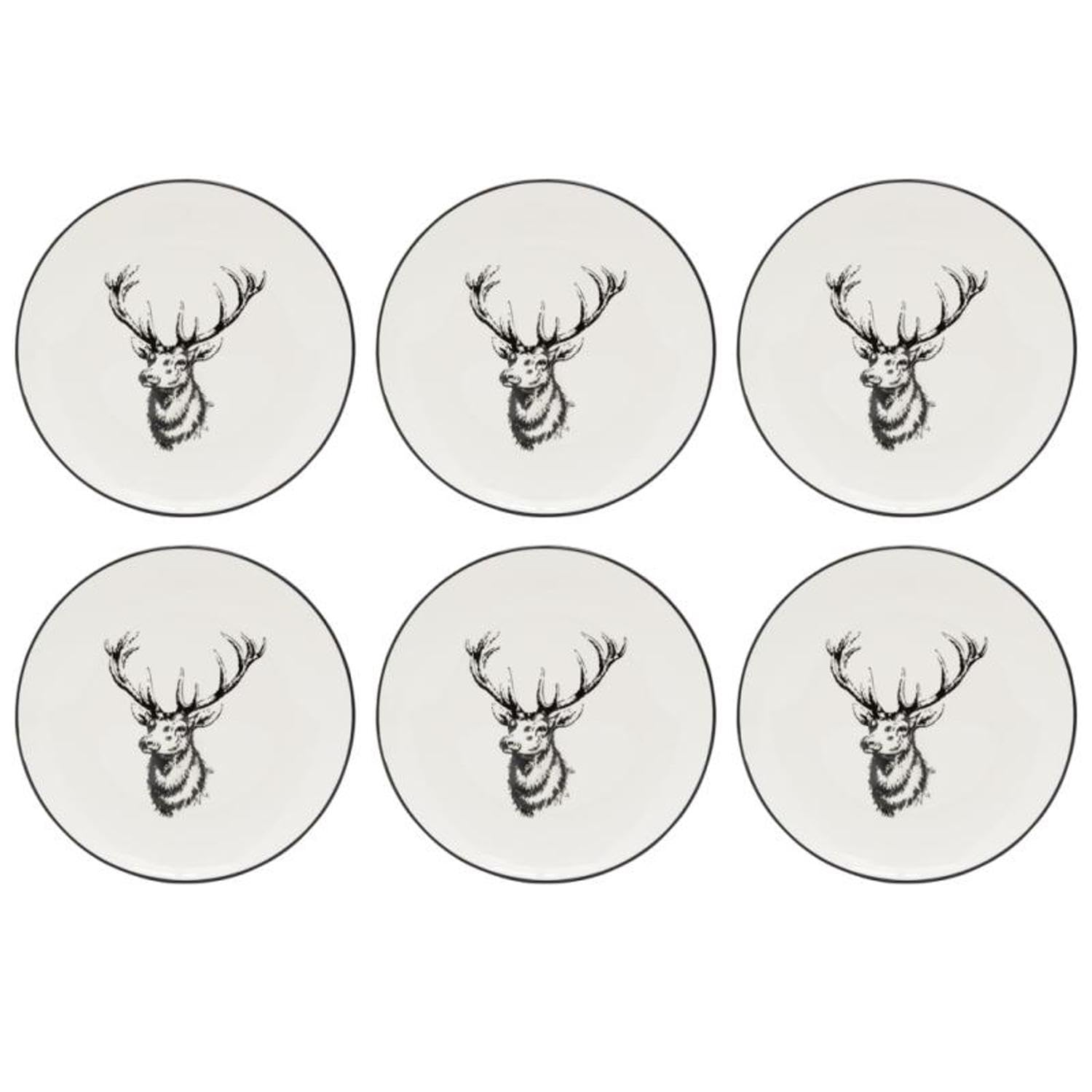 AUBRY GASPARD - Assiettes en Porcelaine - Lot de 6 - Décor Cerf - Blanc Brillant - 19 x 2 cm - Compatibles Lave-Vaisselle et Four à Micro-Ondes - Idéal pour Arts de la Table Élégant et Pratique