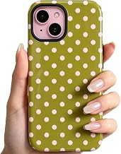 Compatible with iPhone 15 Phone Case Olive Green with Pink Polka Dots Phone Case Cute Aesthetic Dual Layer Shockproof Protective Cover for Women