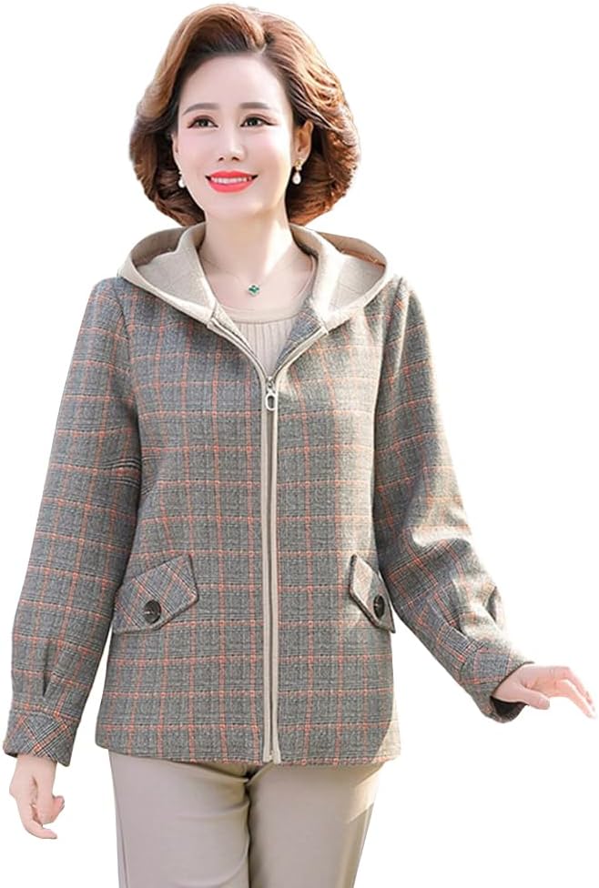 [MTKCNTL] コート 中高年 レディース ジャケット 春秋 チェック柄 婦人服 カジュアル フード付き トップス ミセス 春服