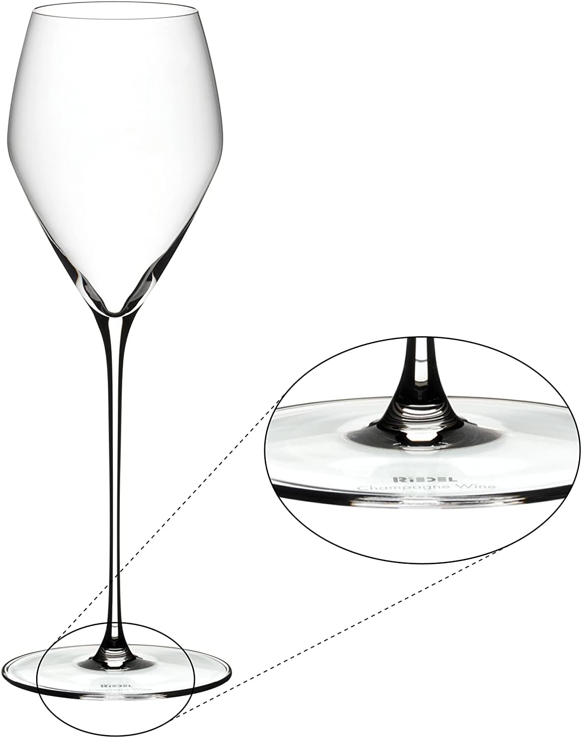 Close-up of the base of a Riedel Veloce Champagne glass with the brand logo.