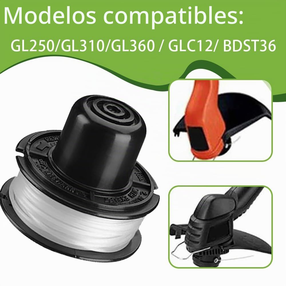 Compatible con Black + Decker, reemplazo para GL250, GL310, GL360 y GL360SB. Incluye 6 bobinas de Repuesto de Nylon, 2 Cubre Bobina y 2 Resorte.
