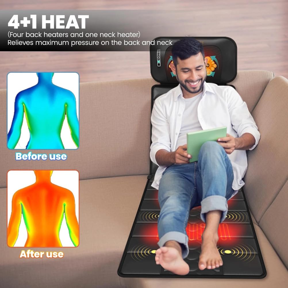 Colchoneta de Masaje Shiatsu con calefacción para Todo el Cuerpo Cama de Masaje para la Espalda con 10 Motores de vibración para Cabeza, Cuello, Cintura y piernas