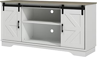 Panana Coffee Bar Storage Cabinet with Barn 2 Sliding Doors Buffet Farmhouse Cabinet Living Room TV Stand (White Cabinet Natural Top)