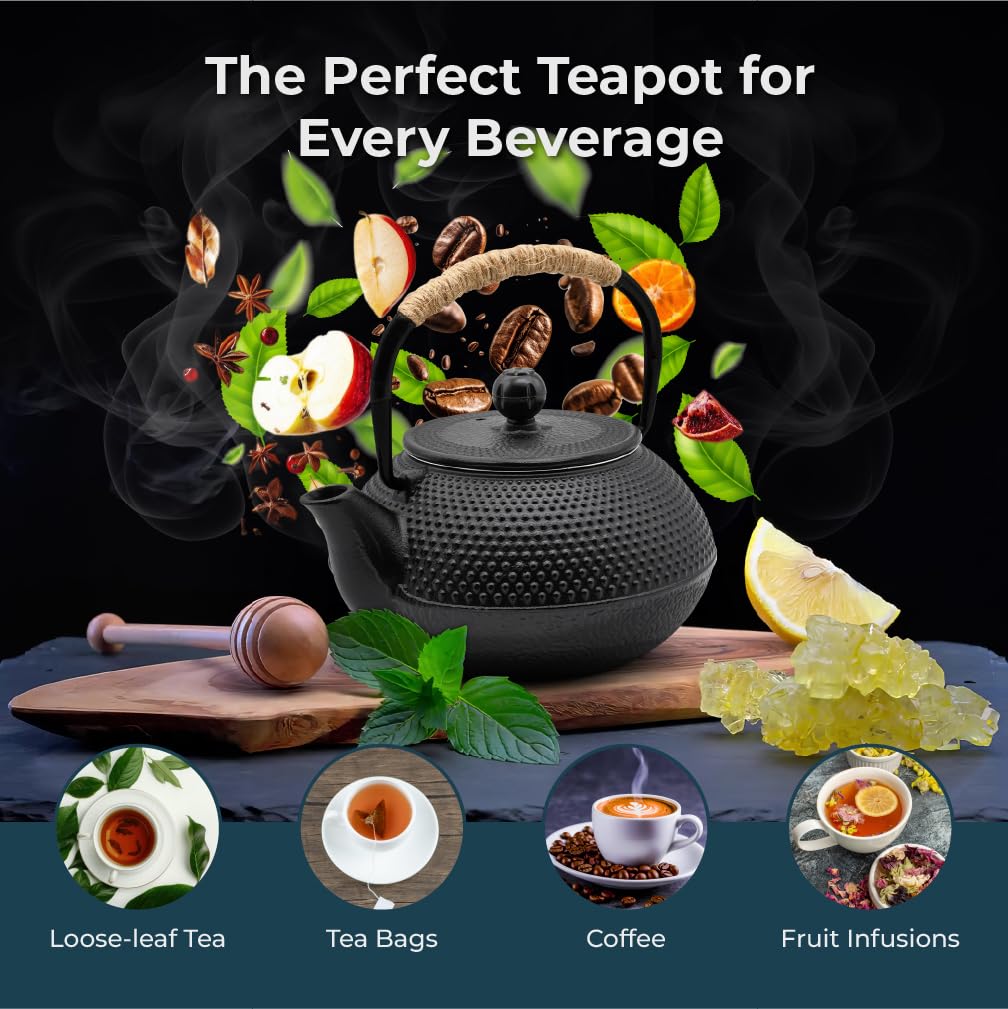 Zen Minded Teiera tradizionale giapponese in ghisa Tetsubin, set da 2 tazze, sottopentola, manico in corda e filtro in acciaio inox, per tè verde e infusi, 800 ml, motivo arare nero